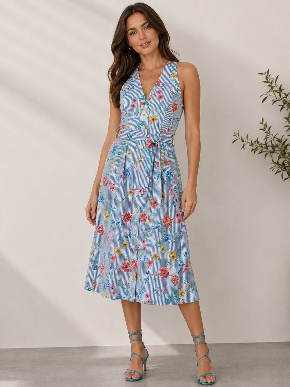 Zara FLORAL STRIPED V-NECK A-Line DRESS Small 2620/787